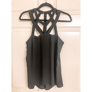BCBG Max Azria cage neck tank with back detail.